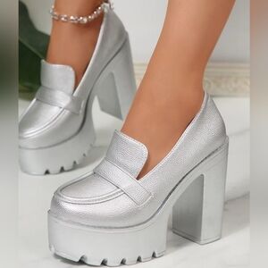 Silver Round Toe Platform Block Heels Pumps